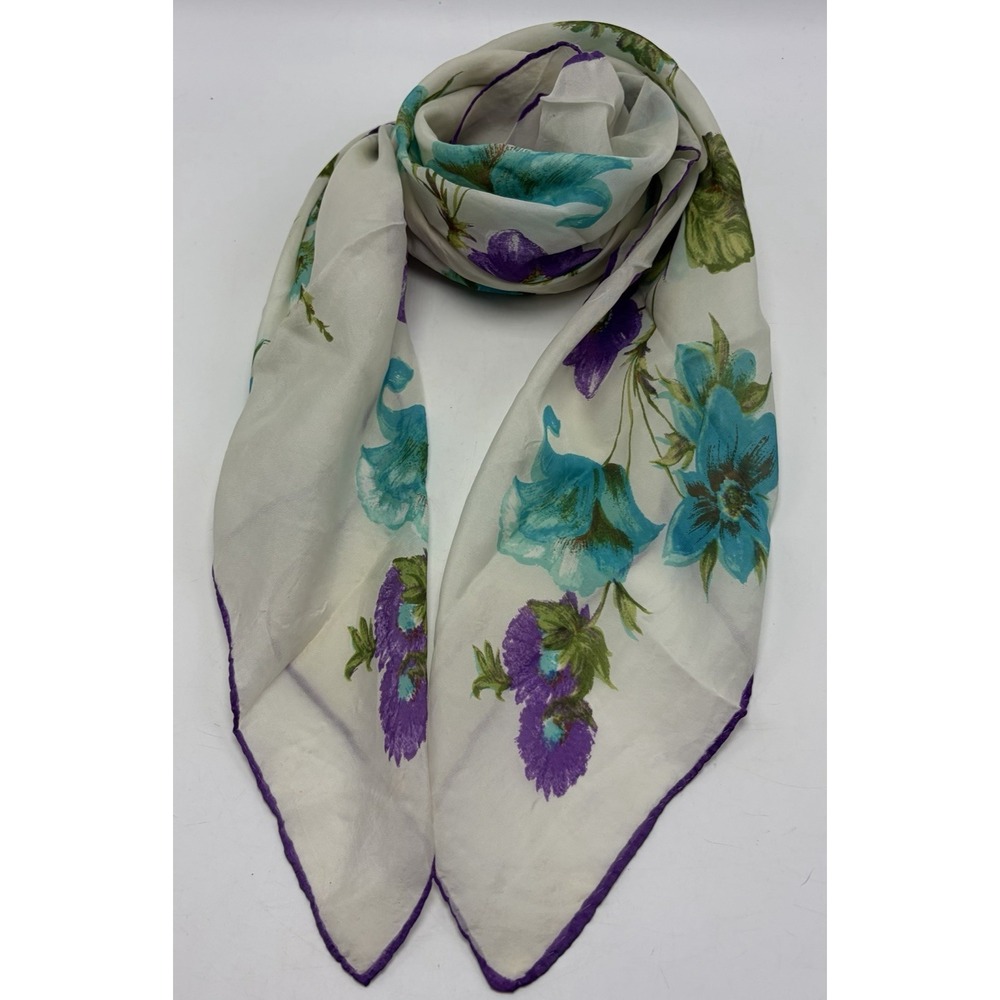 Vintage Silk Scarf Floral Ivory Square 30" x 30" Hand Rolled Head Wrap Office
